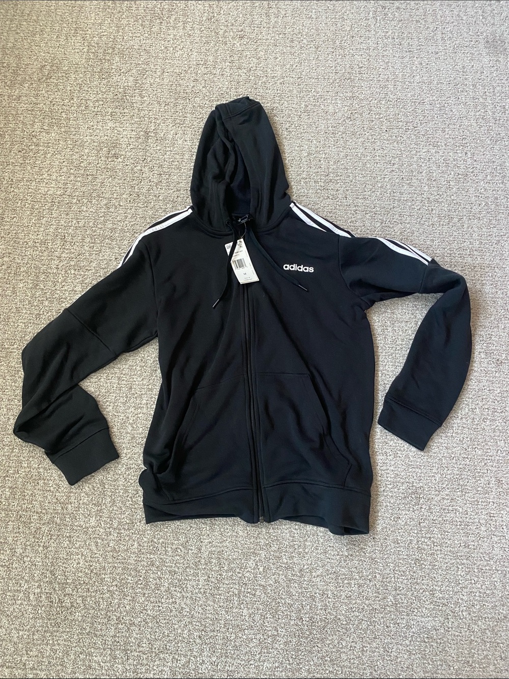adidas Black Hoodie with White Three-Stripe Detail Full Zip Size Medium M